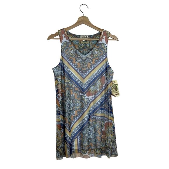 One World Tunic Tank Top Small Medium XL Mesh Overlay Blue Orange Rhinestone Art - Picture 2 of 11